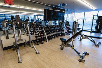 fitness center with free weights at Tower 28, New York, 11101